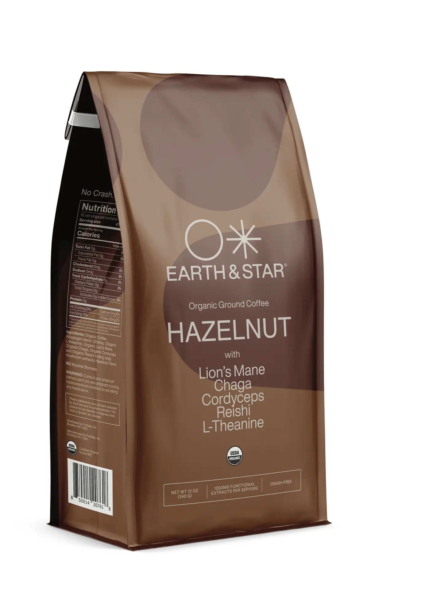 Earth & Star Ground Coffee, Hazelnut + Adaptogens - Mushroom Coffee & Tea