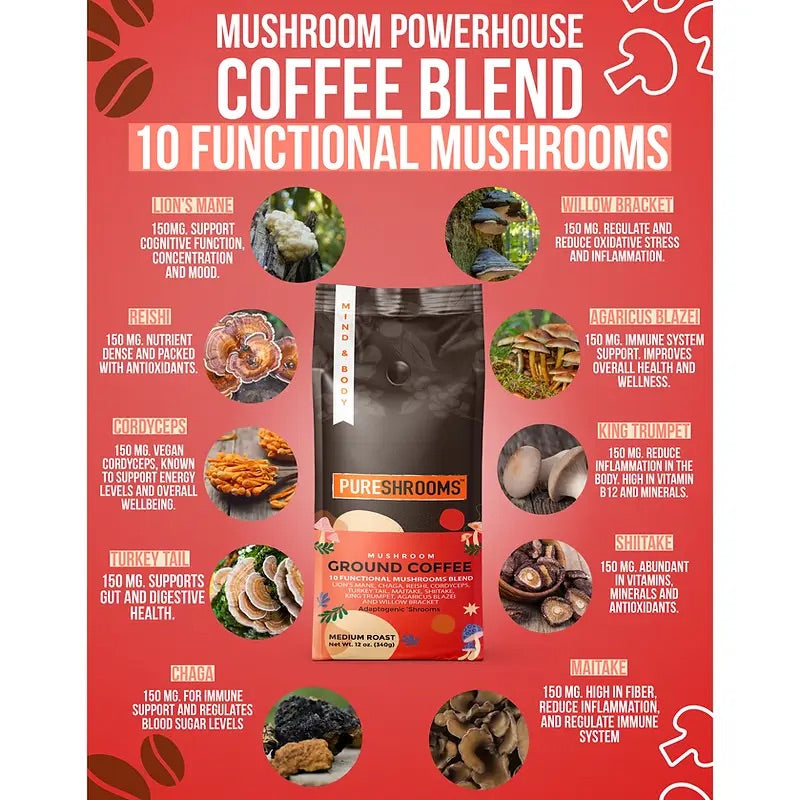 PureShrooms Perfect 10 Mushroom Ground Coffee - Mushroom Coffee & Tea