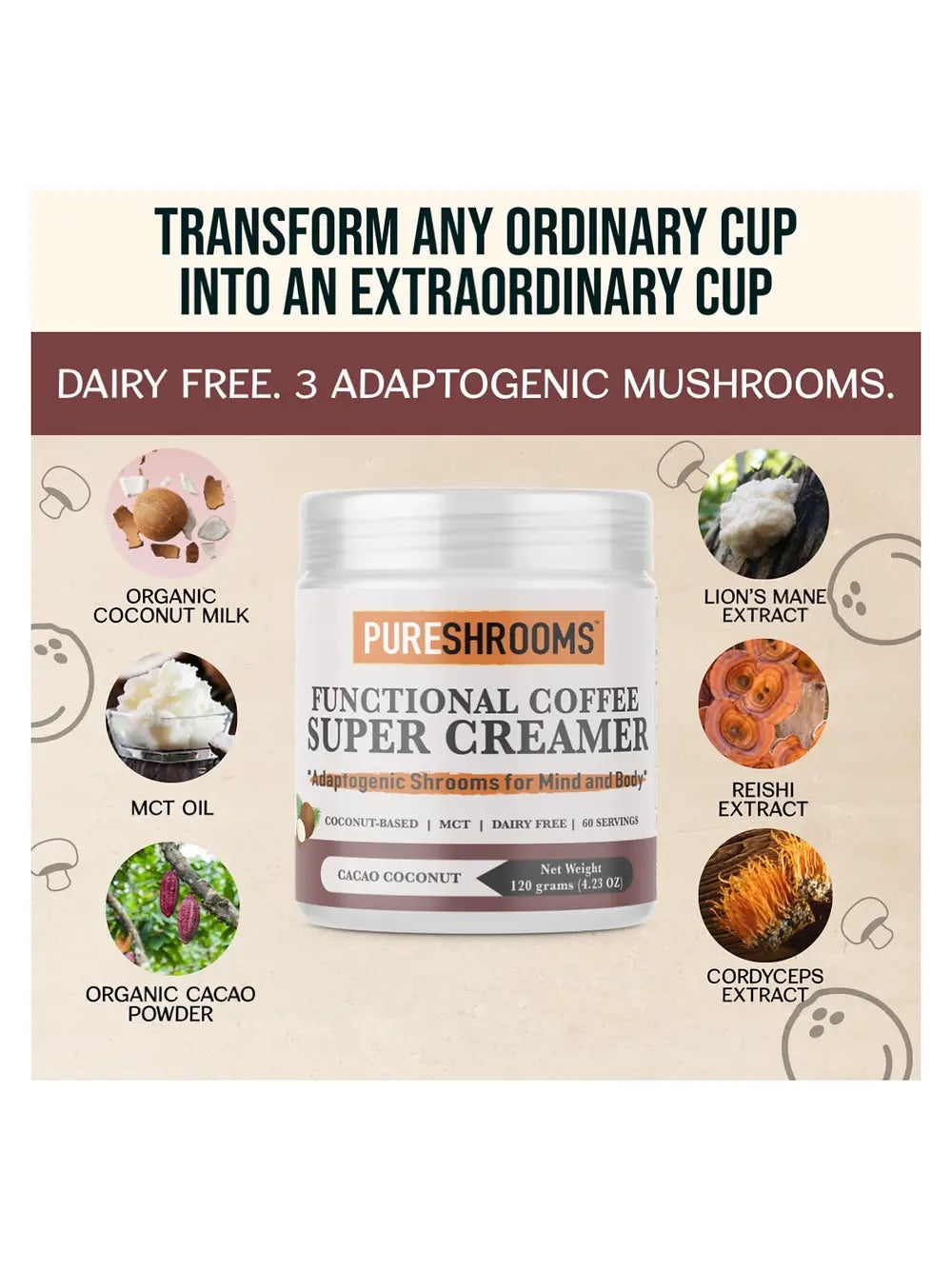 PureShrooms Functional Super Coffee Creamer (Cacao) - Mushroom Coffee & Tea