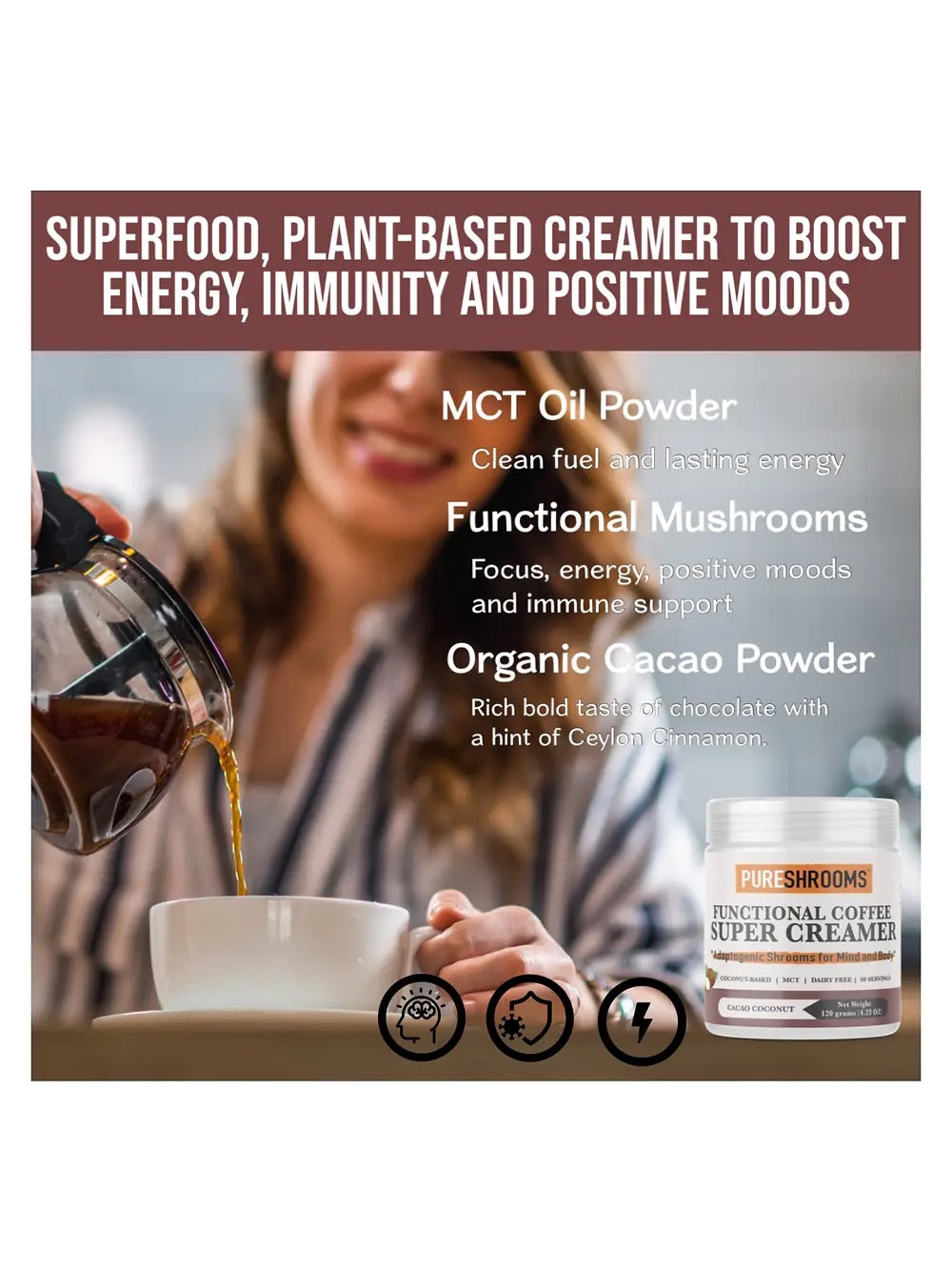 PureShrooms Functional Super Coffee Creamer (Cacao) - Mushroom Coffee & Tea